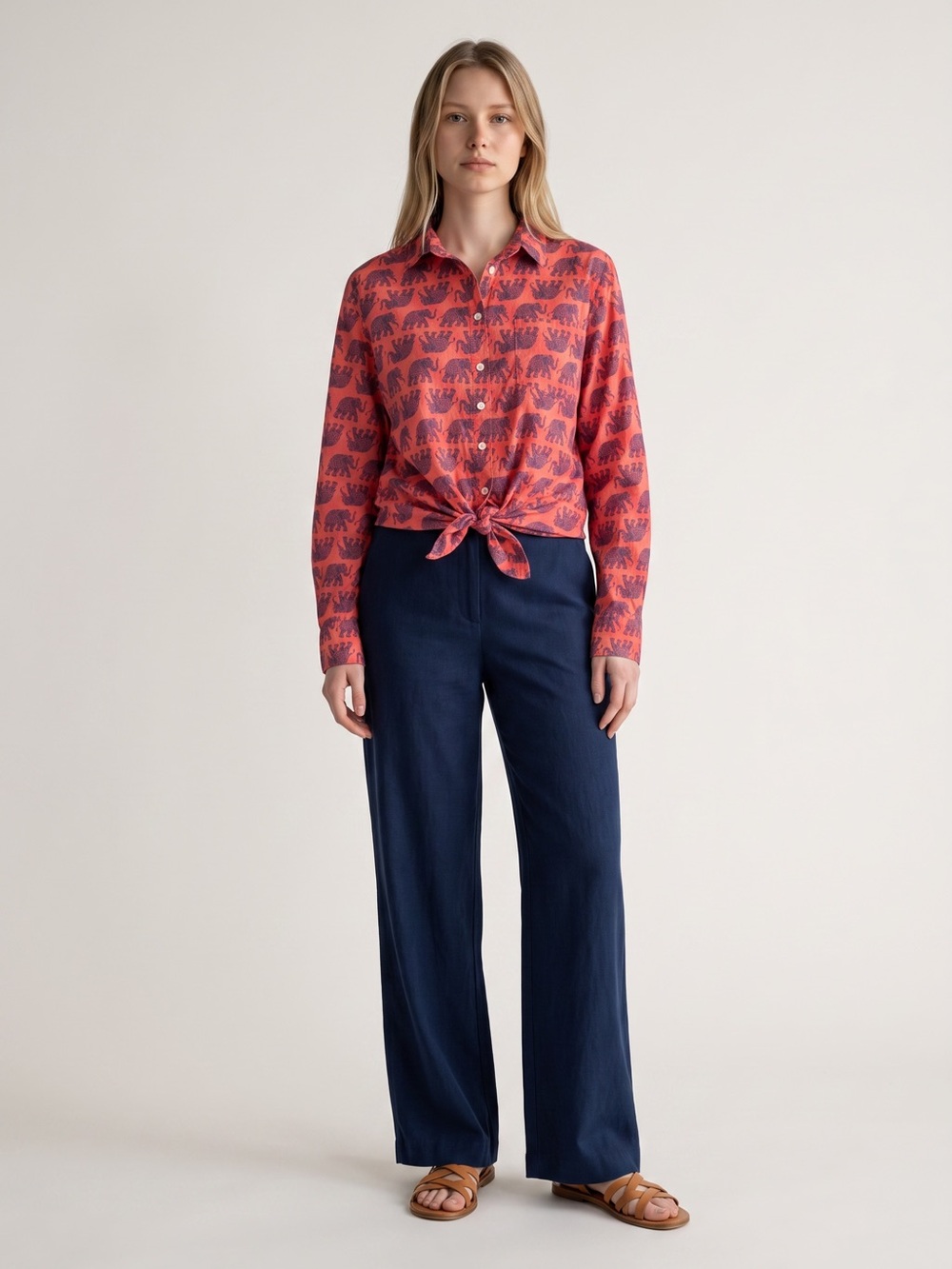 J. Crew Coral Button-Front Shirt with Navy Elephant Print